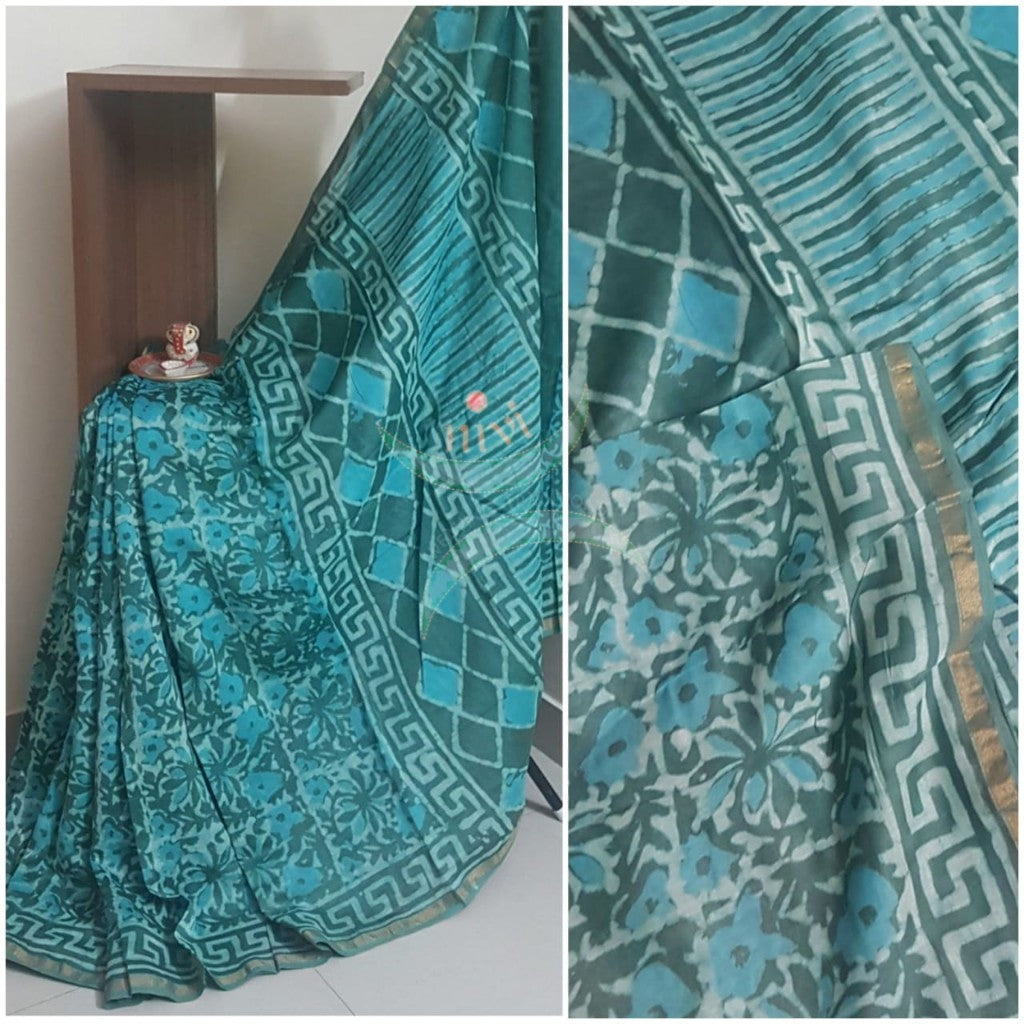 Handloom teal green chanderi printed saree