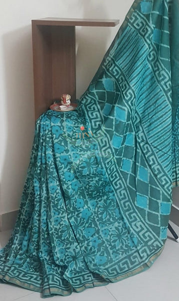 Handloom teal green chanderi printed saree