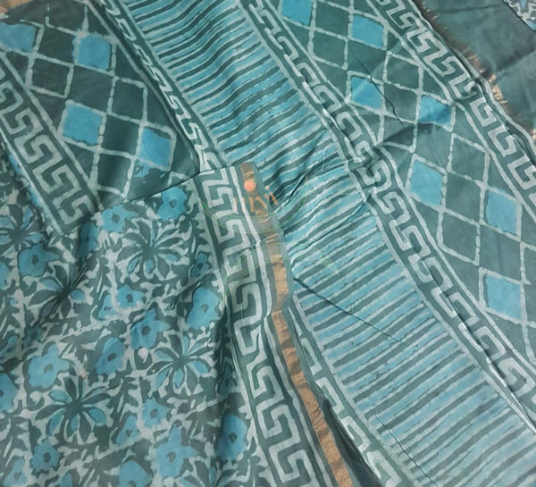 Handloom teal green chanderi printed saree