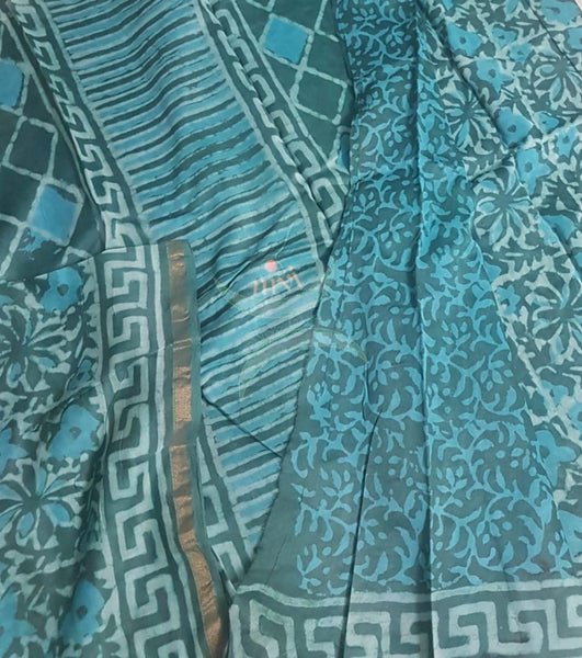 Handloom teal green chanderi printed saree