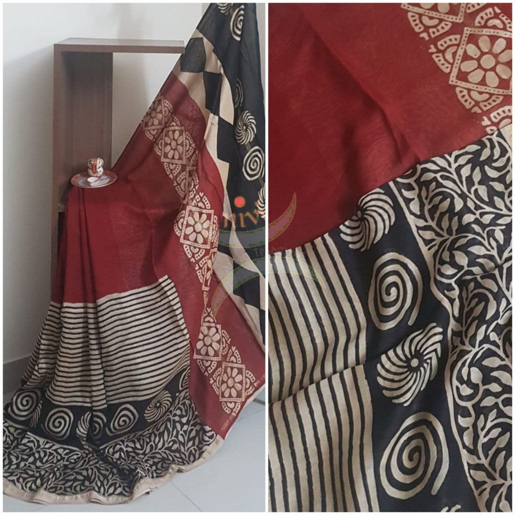 Handloom multi coloured  chanderi printed skirt saree