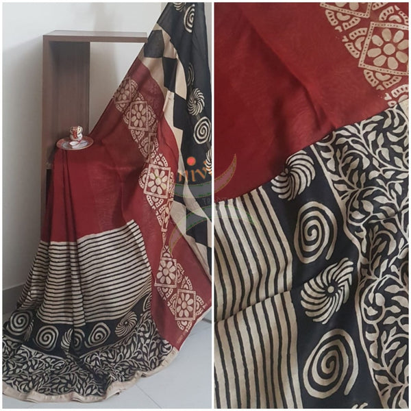 Handloom multi coloured  chanderi printed skirt saree