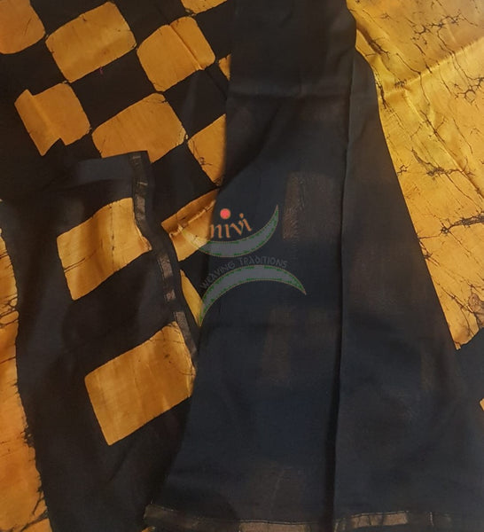Handloom orange and black chanderi batik saree