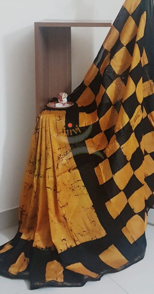 Handloom orange and black chanderi batik saree