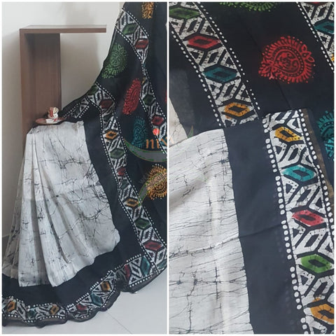 Handloom white and black chanderi batik saree