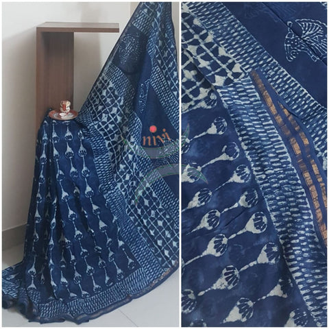 Handloom indigo chanderi printed saree