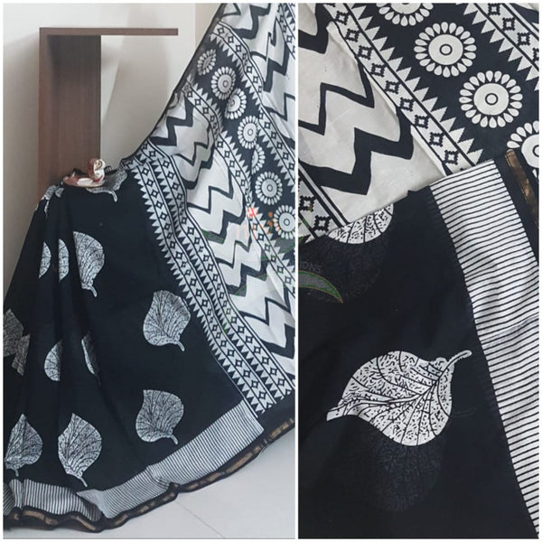Handloom black and white Chanderi printed saree
