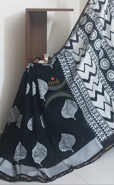Handloom black and white Chanderi printed saree