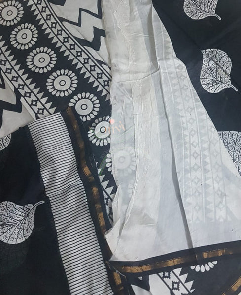 Handloom black and white Chanderi printed saree