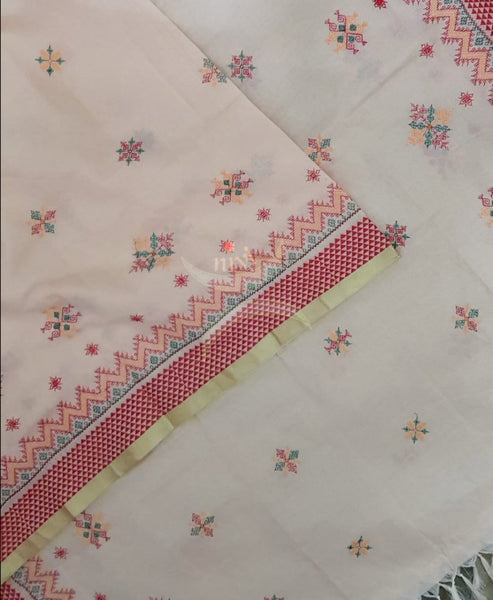 Light peach kota cotton machine embroidered kasuti dupatta