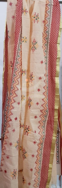 Light peach kota cotton machine embroidered kasuti dupatta