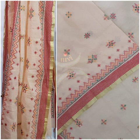 Light peach kota cotton machine embroidered kasuti dupatta