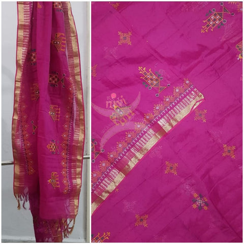 Fuschia pink kota cotton machine embroidered kasuti dupatta