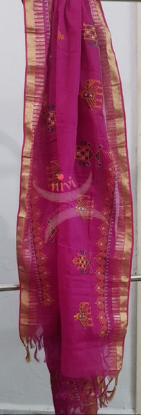 Fuschia pink kota cotton machine embroidered kasuti dupatta