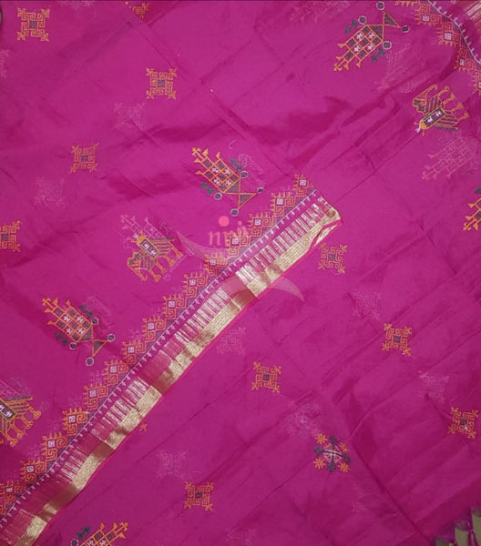 Fuschia pink kota cotton machine embroidered kasuti dupatta