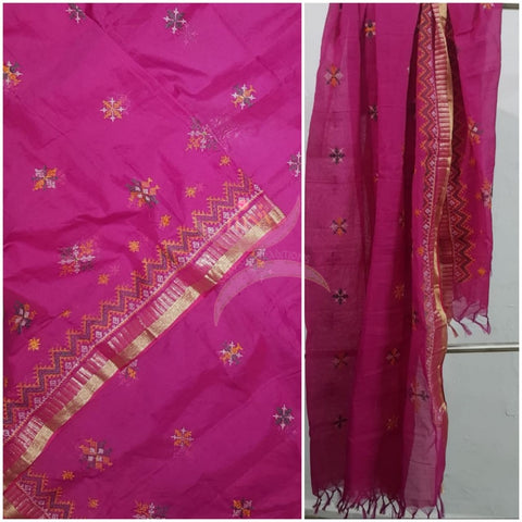 Fuschia pink  kota cotton machine embroidered kasuti dupatta