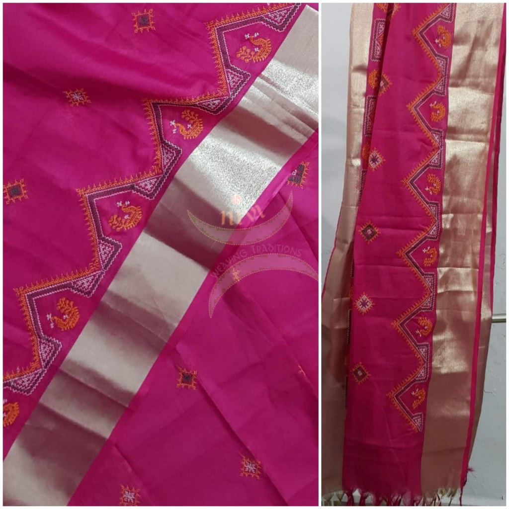 Fuschia pink  kota cotton machine embroidered kasuti dupatta