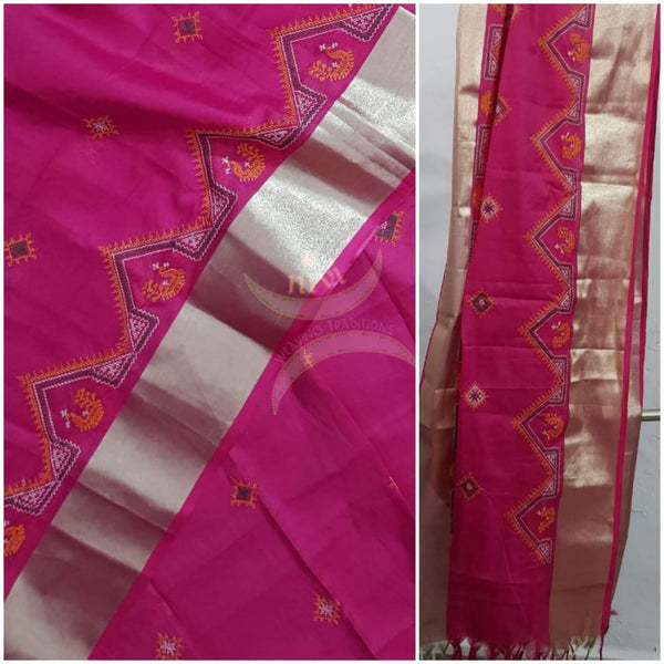 Fuschia pink  kota cotton machine embroidered kasuti dupatta