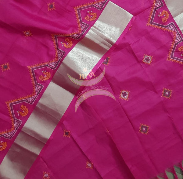 Fuschia pink  kota cotton machine embroidered kasuti dupatta