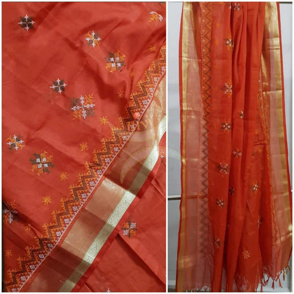 Orange kota cotton machine embroidered kasuti dupatta