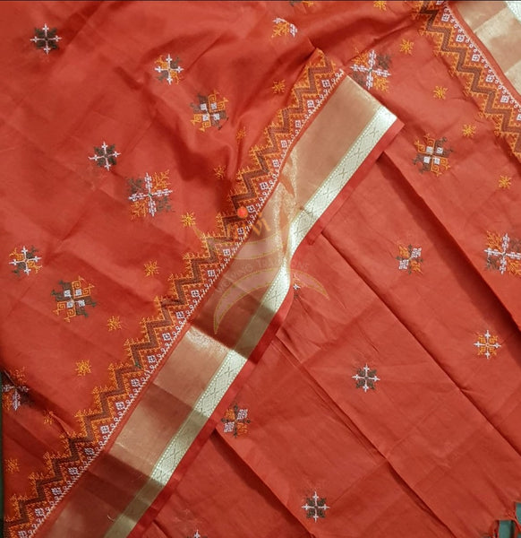 Orange kota cotton machine embroidered kasuti dupatta