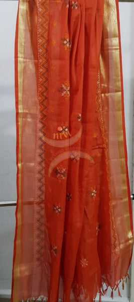 Orange kota cotton machine embroidered kasuti dupatta