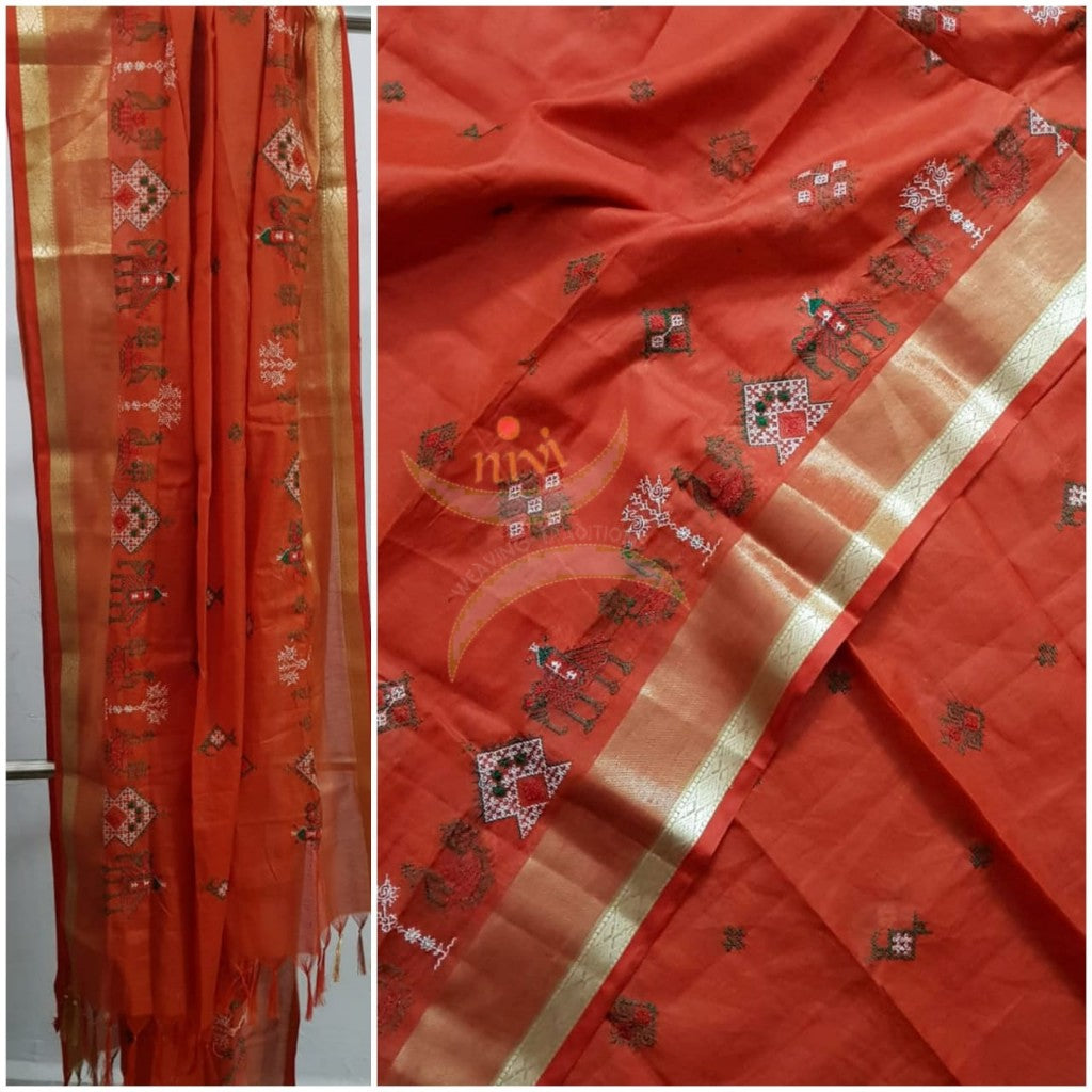 Orange kota cotton machine embroidered kasuti dupatta