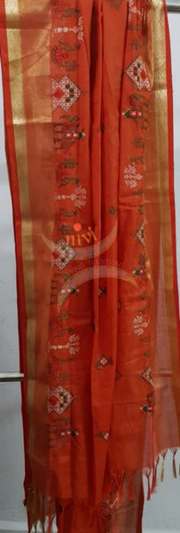Orange kota cotton machine embroidered kasuti dupatta