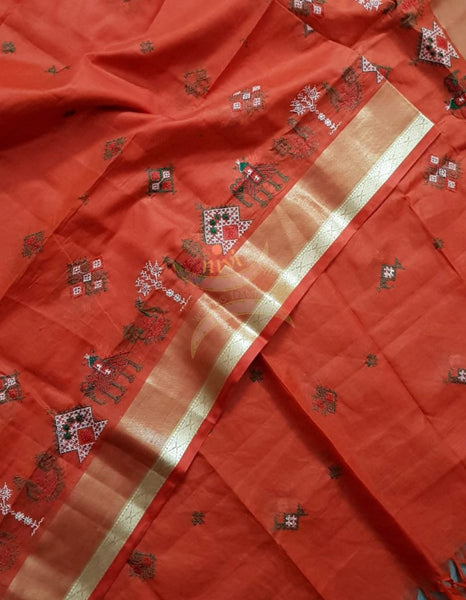 Orange kota cotton machine embroidered kasuti dupatta