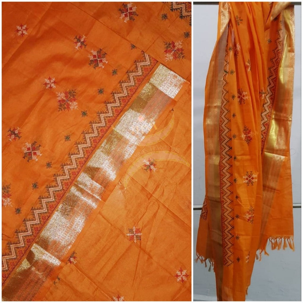 Orange kota cotton machine embroidered kasuti dupatta