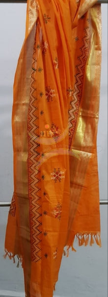 Orange kota cotton machine embroidered kasuti dupatta