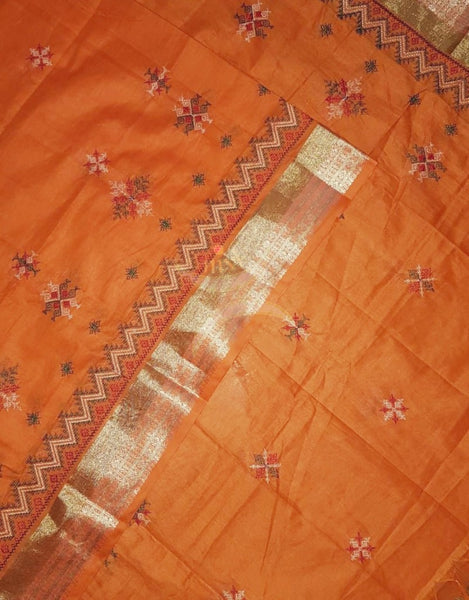 Orange kota cotton machine embroidered kasuti dupatta