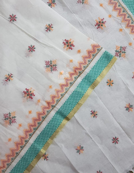 White kota cotton machine embroidered kasuti dupatta