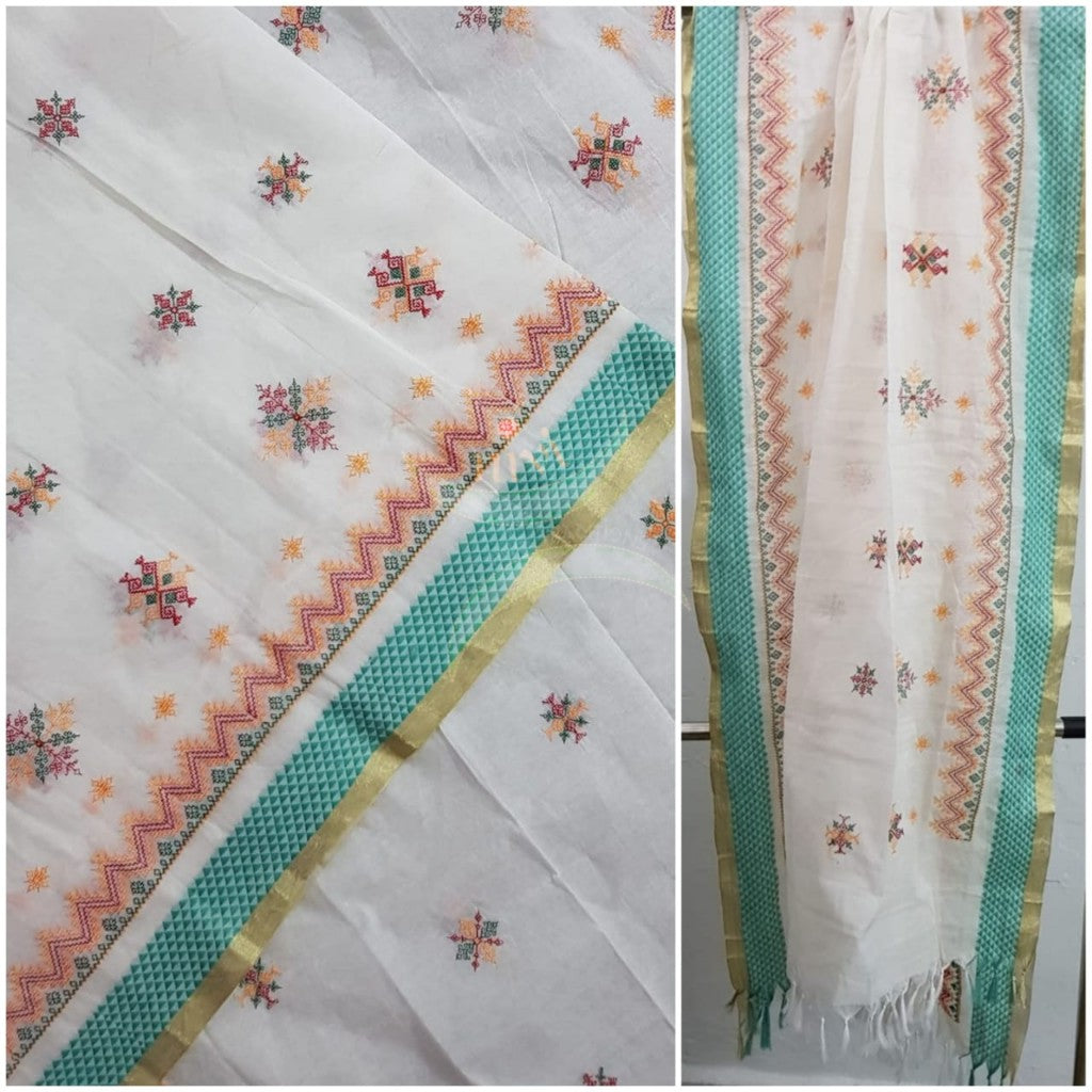 White kota cotton machine embroidered kasuti dupatta