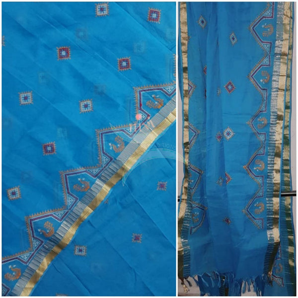 Blue kota cotton machine embroidered kasuti dupatta