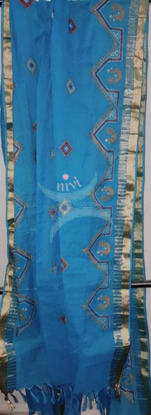 Blue kota cotton machine embroidered kasuti dupatta