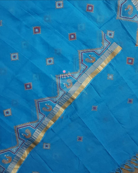 Blue kota cotton machine embroidered kasuti dupatta