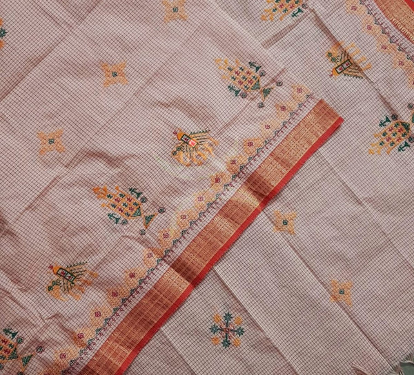 Light peach chequered kota cotton machine embroidered kasuti dupatta