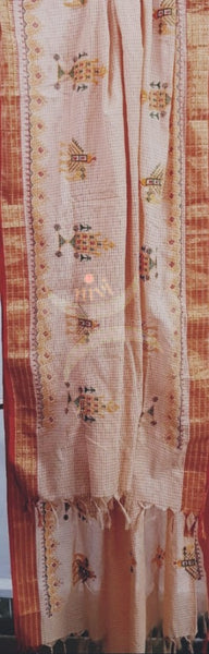 Light peach chequered kota cotton machine embroidered kasuti dupatta