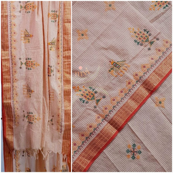 Light peach chequered kota cotton machine embroidered kasuti dupatta