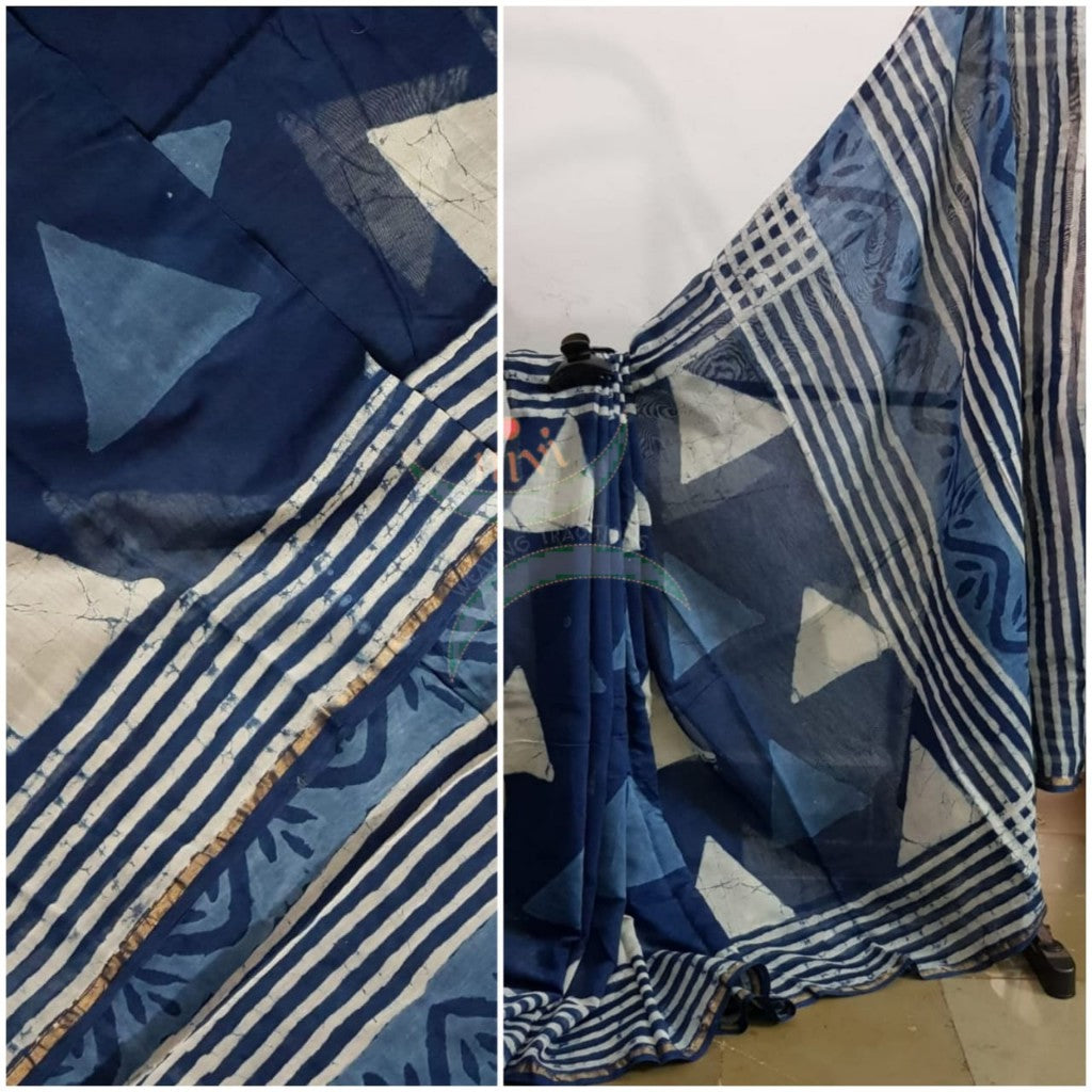 Handloom indigo chanderi printed saree