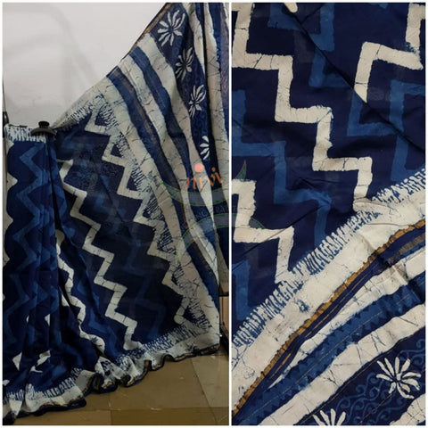 Handloom indigo Chanderi printed saree