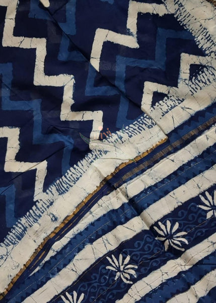 Handloom indigo Chanderi printed saree