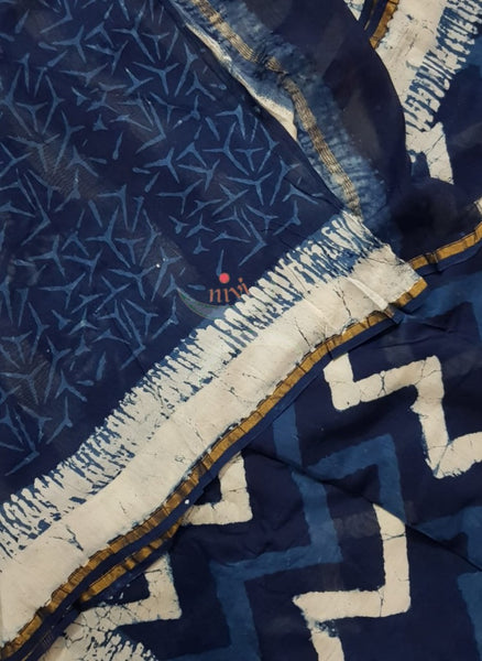 Handloom indigo Chanderi printed saree