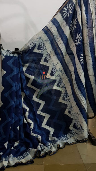 Handloom indigo Chanderi printed saree