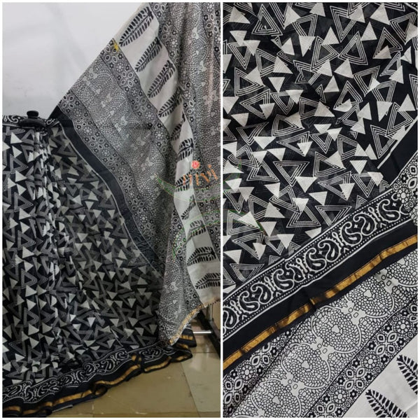Handloom black and white Chanderi printed saree