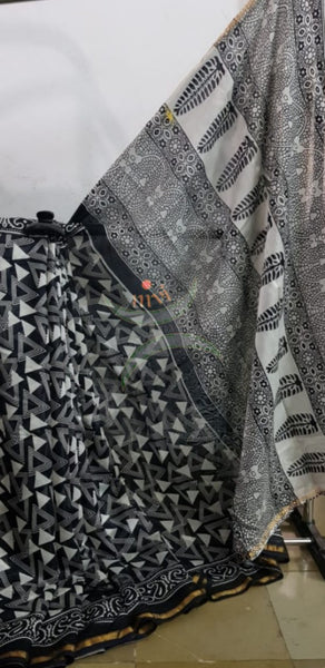 Handloom black and white Chanderi printed saree