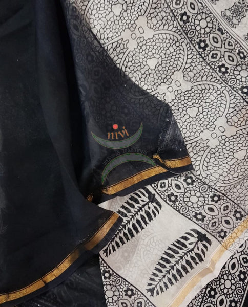 Handloom black and white Chanderi printed saree