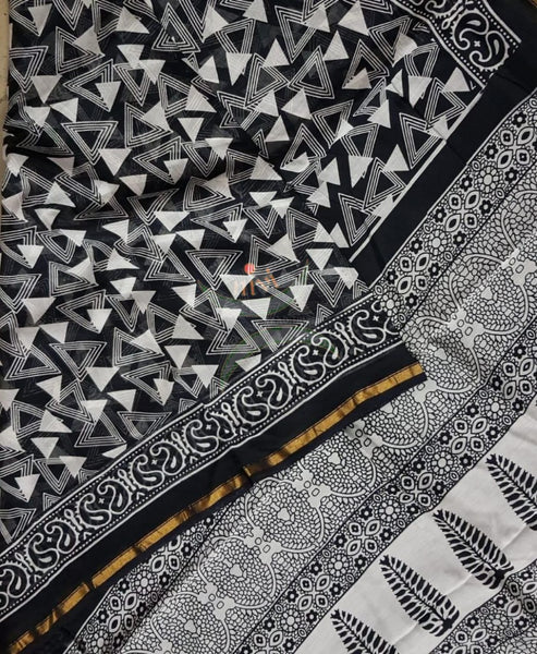 Handloom black and white Chanderi printed saree