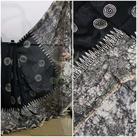 Handloom black and white Chanderi batik saree